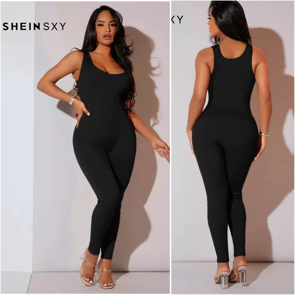 SHEIN SXY Black Ribbed Unitard Jumpsuit Sleeveless Bodycon XS NWT